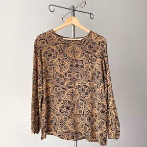 ☀️ Large Navy and Ocher Mosaic Print Tunic with Long Sleeves 100% Washable Silk